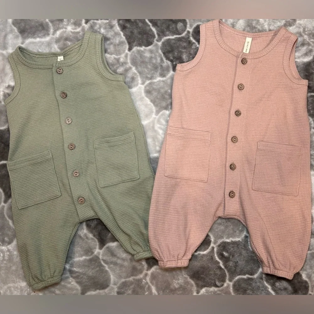 QUINCY MAE Baby Waffle Jumpsuit Bundle- Sage & Blush/ Size 0-3M